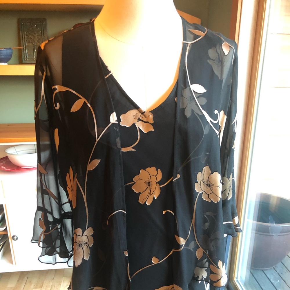 Robbie Bee Black Floral Sheer Overlay Dress with Gold Flowers